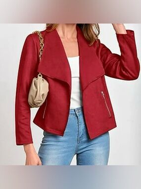 Pretty Garden Open Front Red Faux Suede Jacket Size L